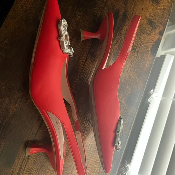 Kate Spade Renata Red Kitten Heels with Crystal Accents - Picture 4 of 12